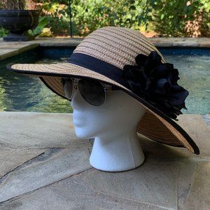Isa & Stef Black Banded Wide Brim Floret Straw Hat